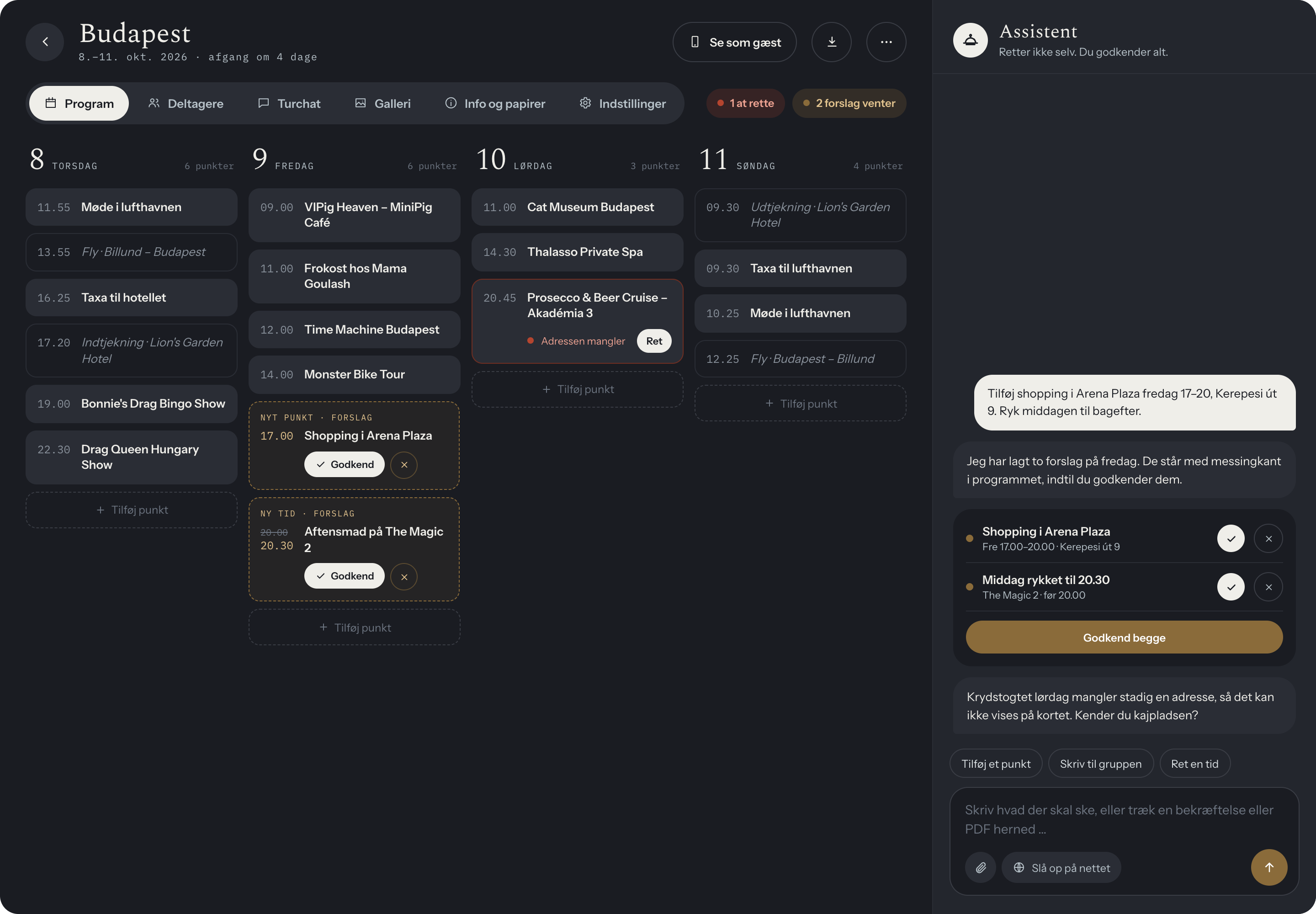 Concierge-kontrolpanelet med programmet og AI-assistenten